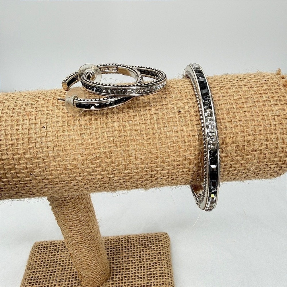 Brighton Jewelry SET Bangle Bracelet & Hoop Earrings Silver Black Crystal Stone